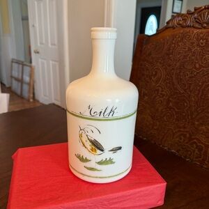 Vintage Egizia Opaque White Glass Milk Bottle Hand Painted Bird 10.5" Tall